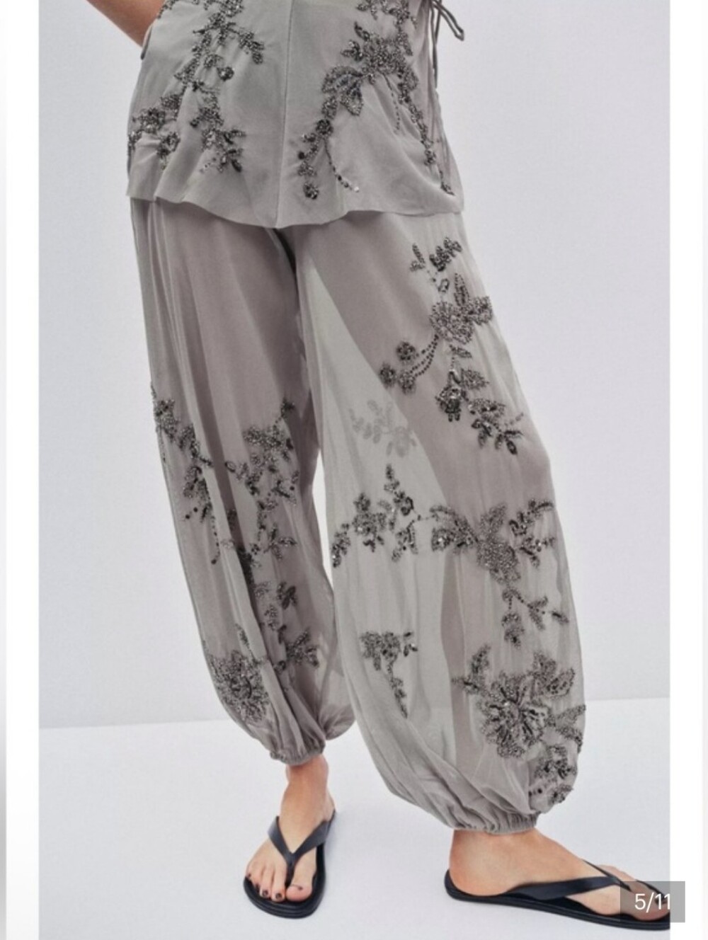 Zara Silver-Gray Embroidered Wide-Leg Sheer Harem Pants